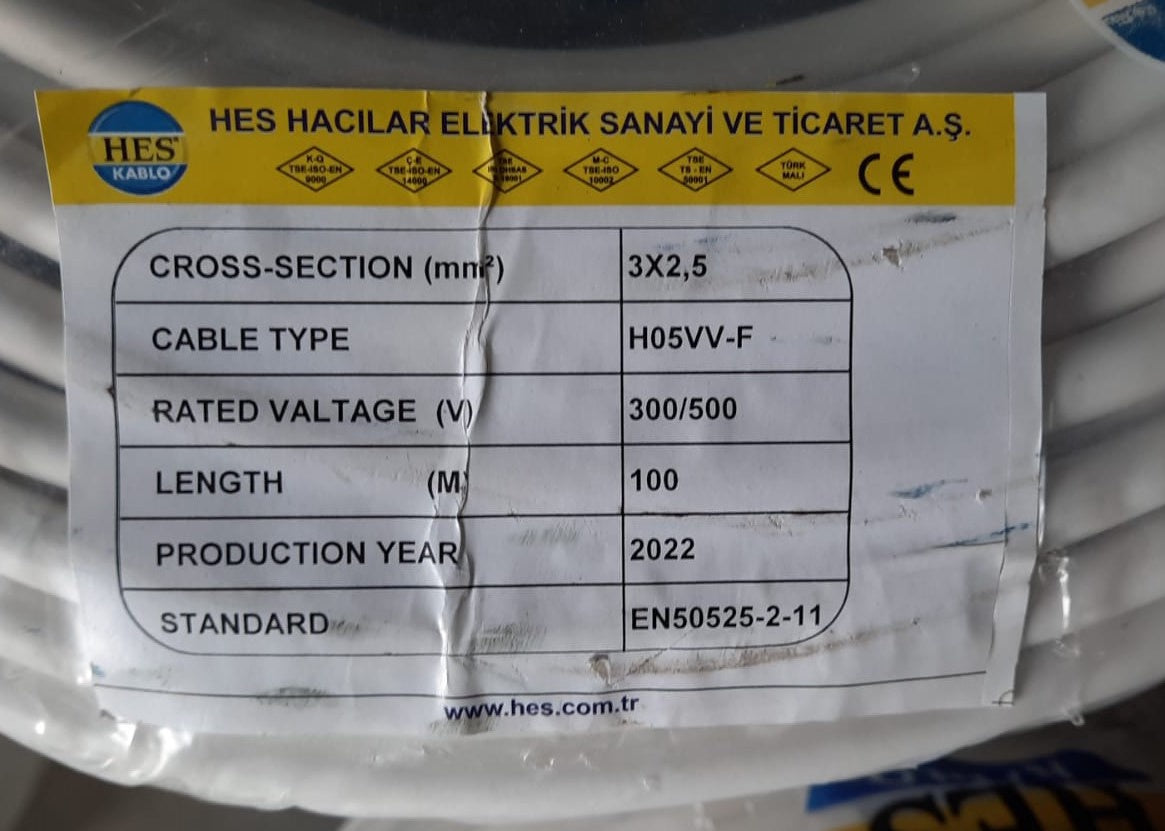 TURKEY Cable 2.5MM 3C Round Flex ELAND/HES Turkiye Yard