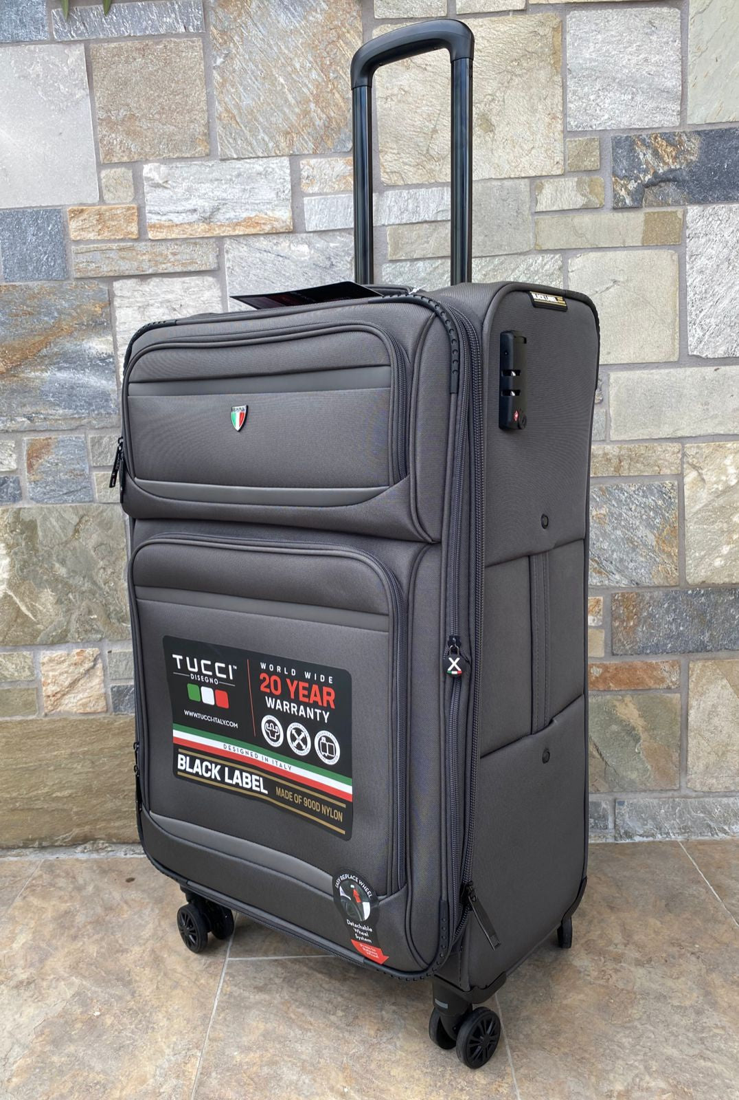 TUCCI ITALY Luggage Suitcase Medium 27" Suprema T0368-27IN-DGR Fabric 4 Wheel Spinner Dark Grey