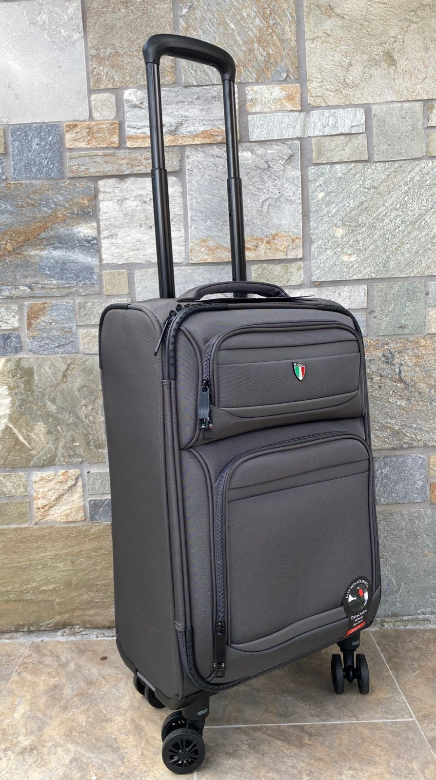 TUCCI ITALY Luggage Suitcase Carry on 20" Suprema T0368-20IN-DGR Fabric 4 Wheel Spinner Dark Grey