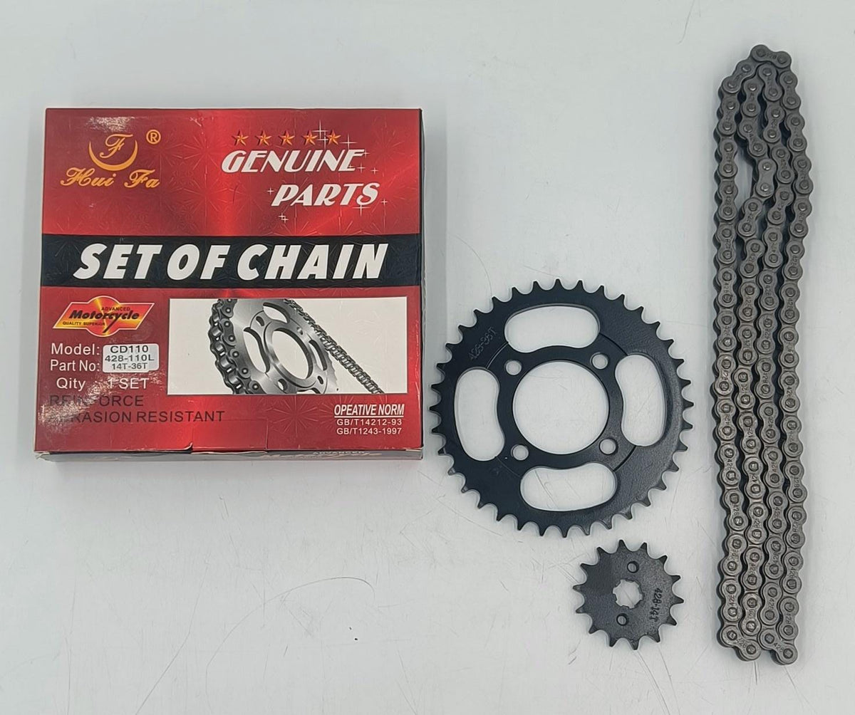 M/CYCLE Sprocket / Chain Set 110 428-110L 14T-36T CD110 Hui Fa
