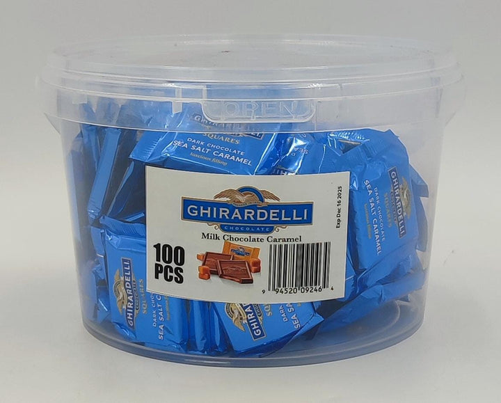 GHIRARDELLI Dark Chocolate Sea Salt Caramel Squares Blue Bucket