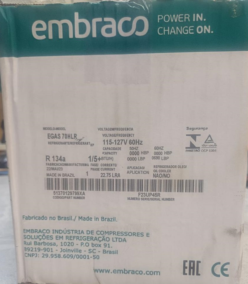 EMBRACO Fridge Compressor 1/5 HP 110V R134A Egas 70HLR