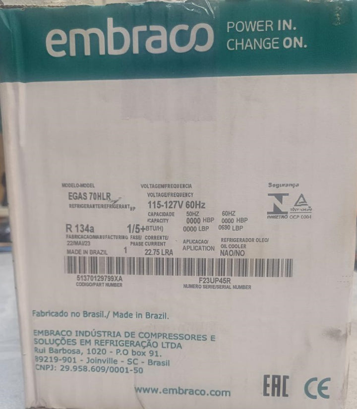 EMBRACO Fridge Compressor 1/5 HP 110V R134A Egas 70HLR