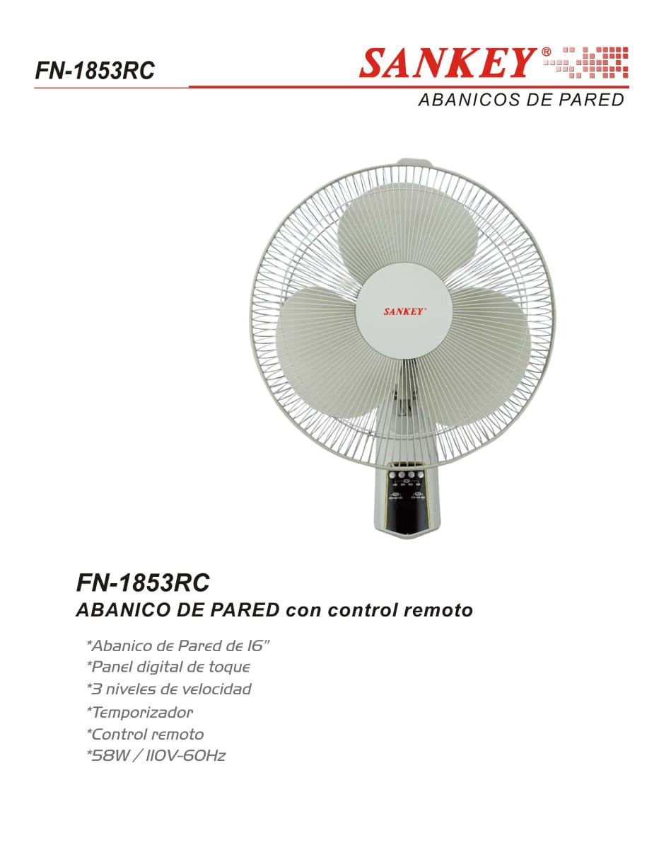 SANKEY Fan 16" Wall FN-1853R/C with Remote 110V
