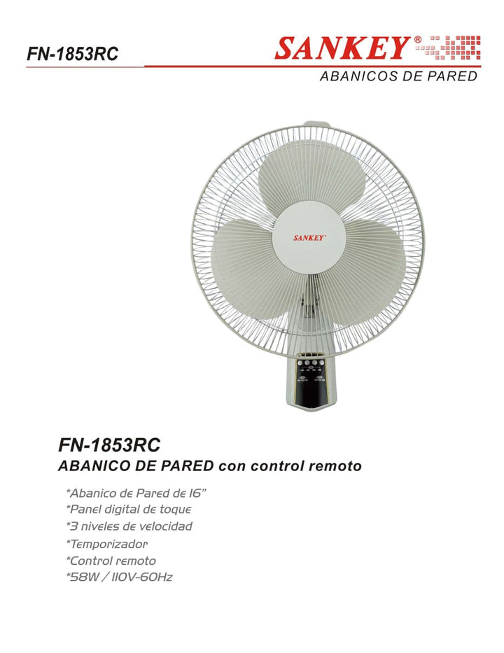 SANKEY Fan 16" Wall FN-1853R/C with Remote 110V
