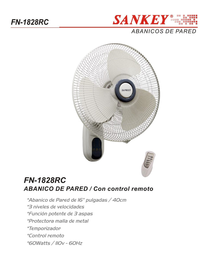 SANKEY Fan 16" Wall FN-1828RC with Remote 110V