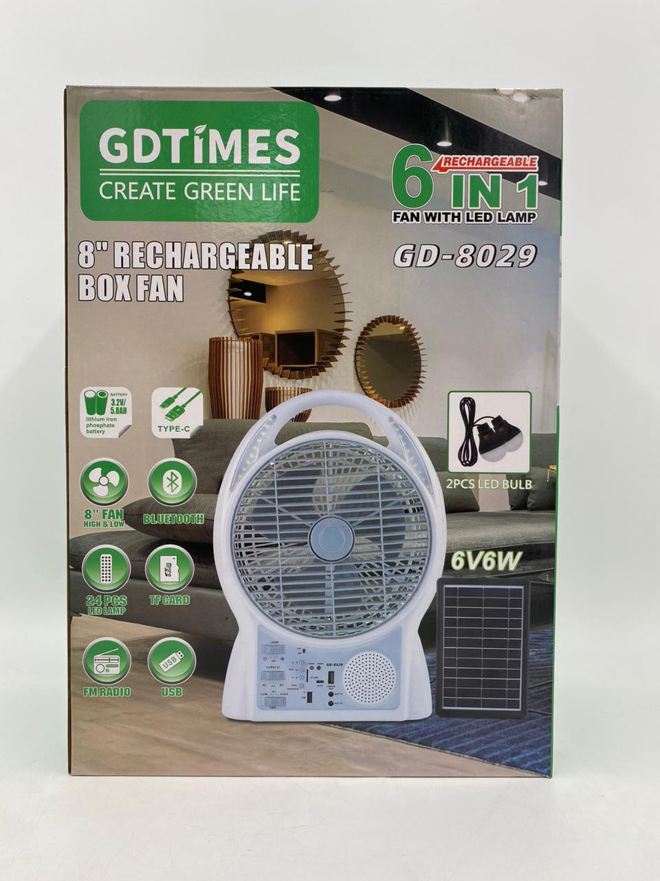 Fan 8" Gdtimes GD-8029 6IN1 Solar Rechargeable Desk AC/DC Dual Power