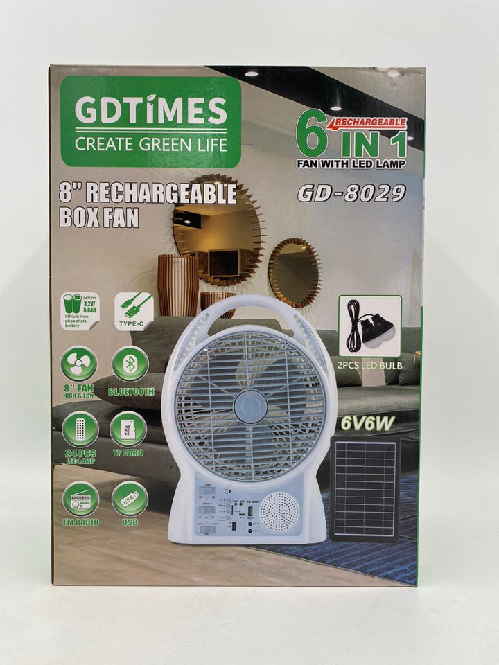 Fan 8" Gdtimes GD-8029 6IN1 Solar Rechargeable Desk AC/DC Dual Power