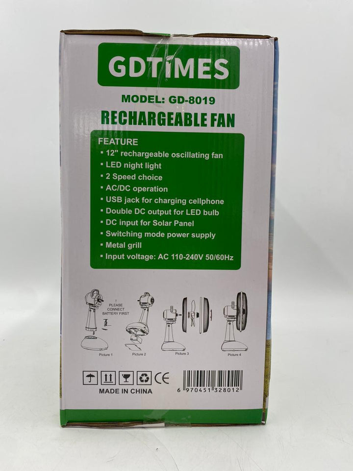 Fan 12" Gdtimes GD-8019 Solar Rechargeable Desk AC/DC Dual Power