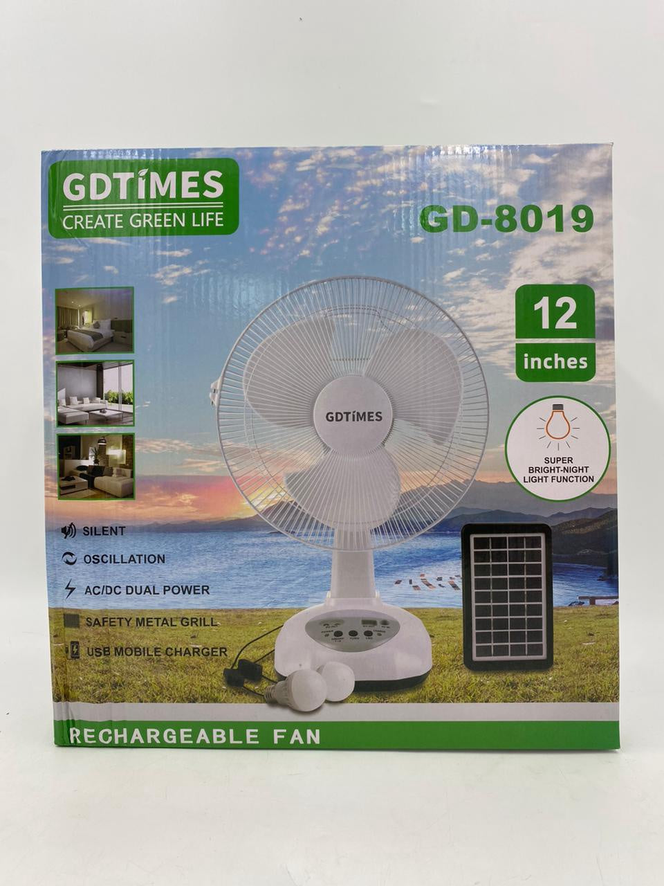 Fan 12" Gdtimes GD-8019 Solar Rechargeable Desk AC/DC Dual Power