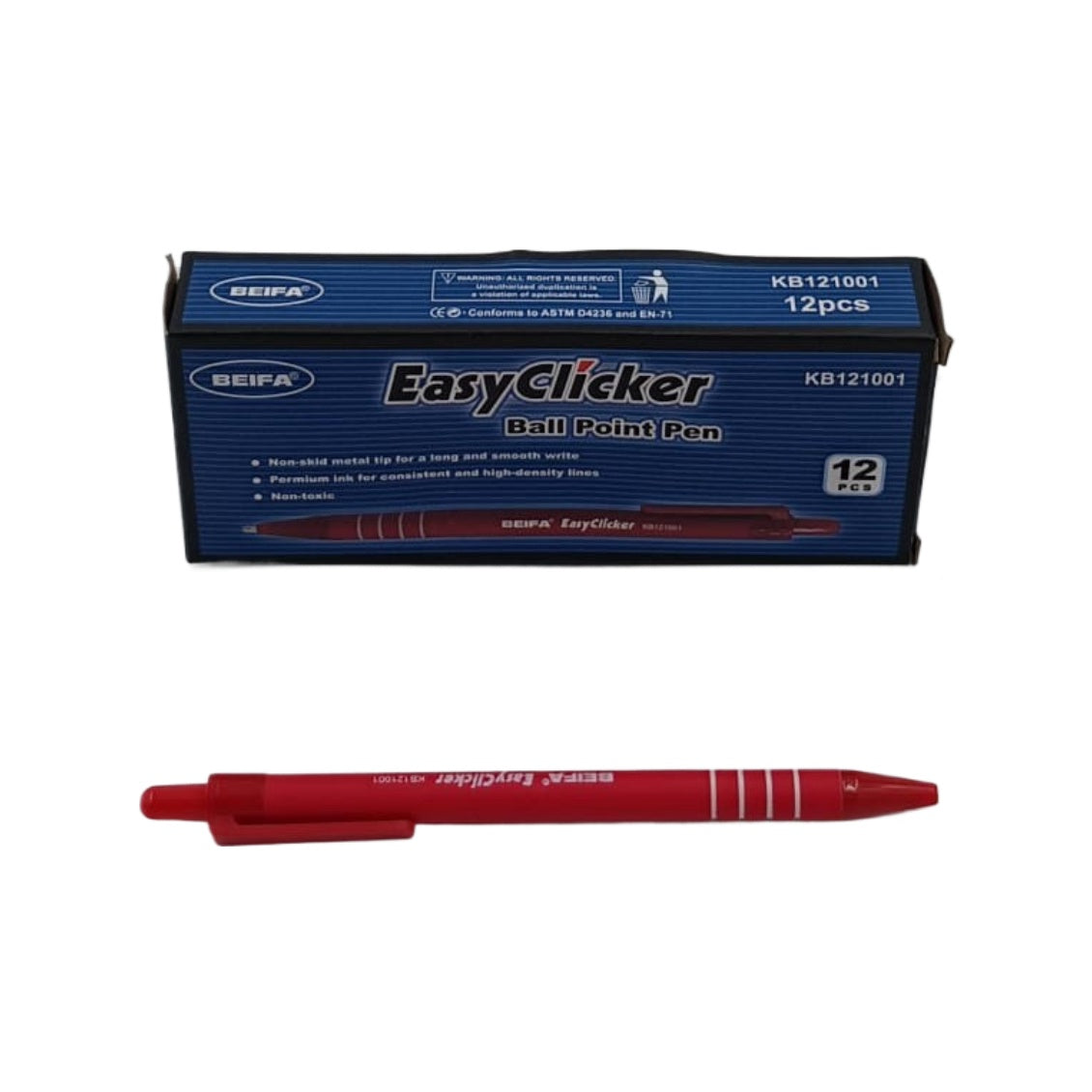 BEIFA Stationery Pen Easyclicker KB121001 Red Ball Point 12PCS Box