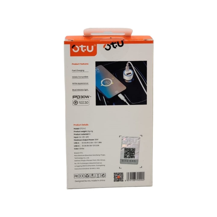 OTU Charger Car CT01-C Fast Charging Car Pd 30W QC3.0 TYPE-C Cable + TYPE-C Adaptor 2-USB