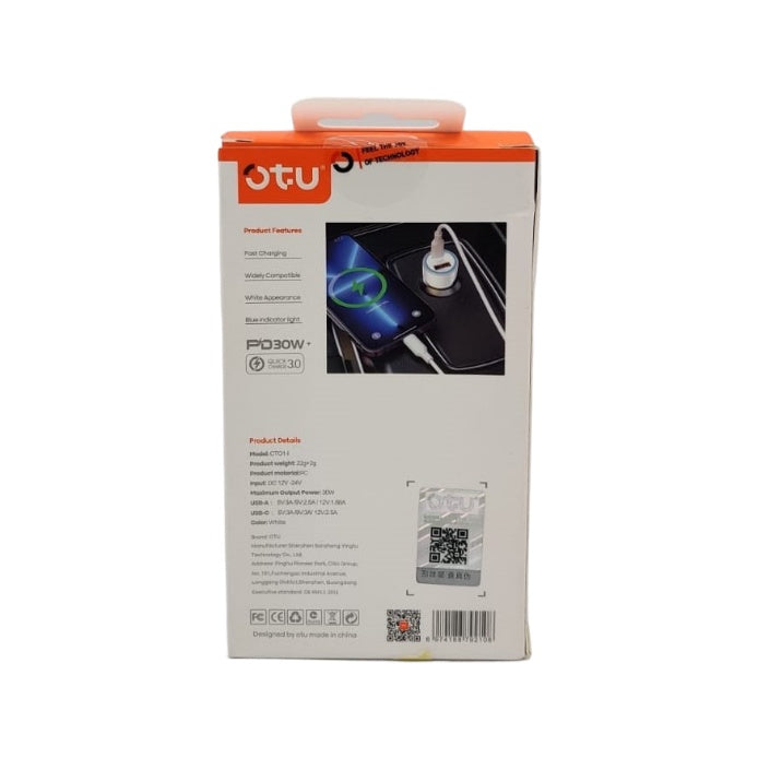 OTU Charger Car CT01-I Fast Charging Car Pd 30W QC3.0 Lighting Cable + TYPE-C Adaptor 2-USB
