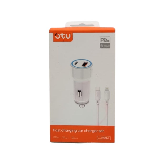 OTU Charger Car CT01-I Fast Charging Car Pd 30W QC3.0 Lighting Cable + TYPE-C Adaptor 2-USB