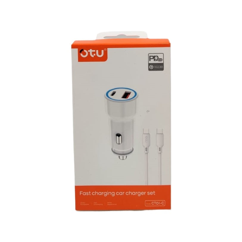 OTU Charger Car CT01-C Fast Charging Car Pd 30W QC3.0 TYPE-C Cable + TYPE-C Adaptor 2-USB