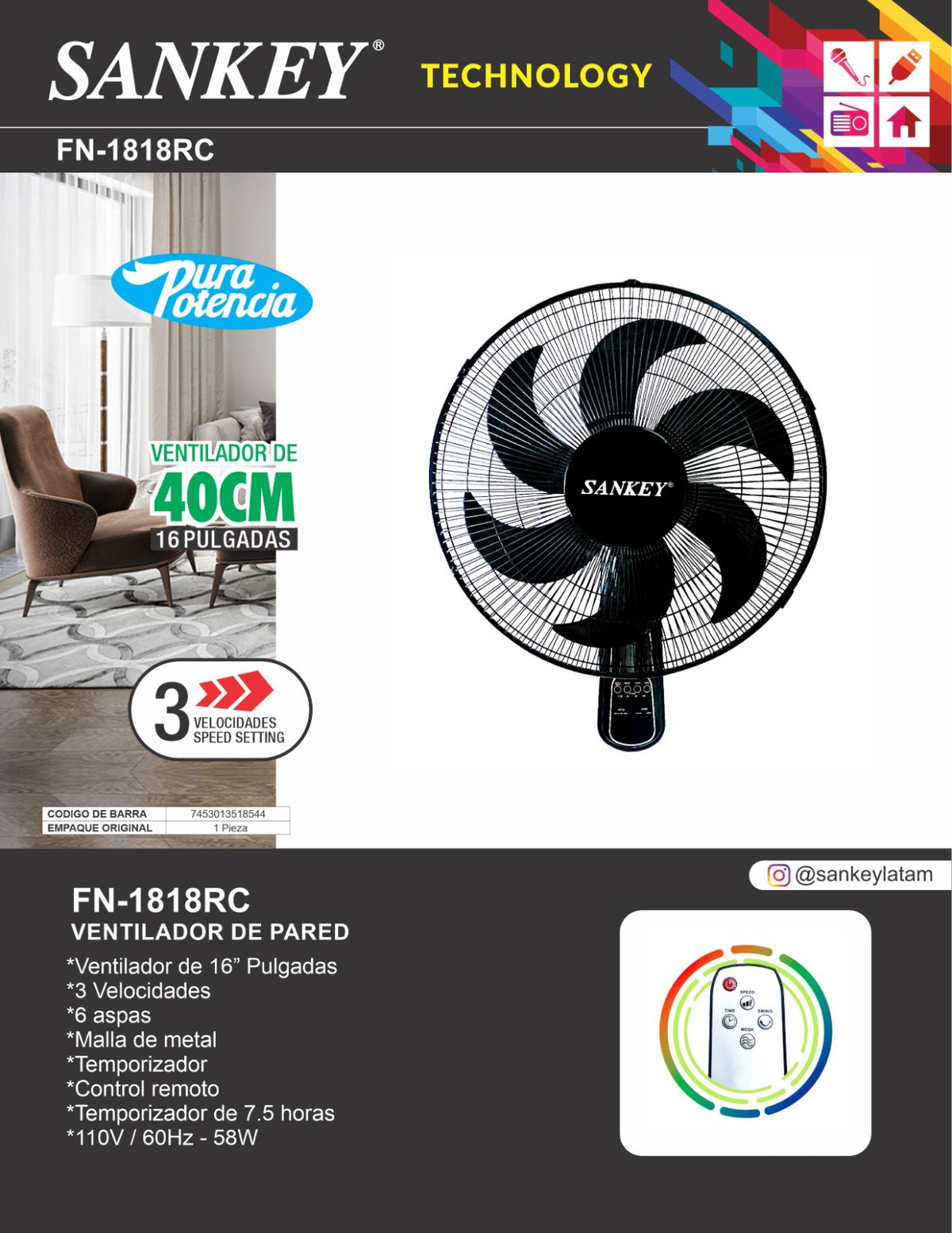 SANKEY Fan 16" Wall FN-1818RC with Remote 110V
