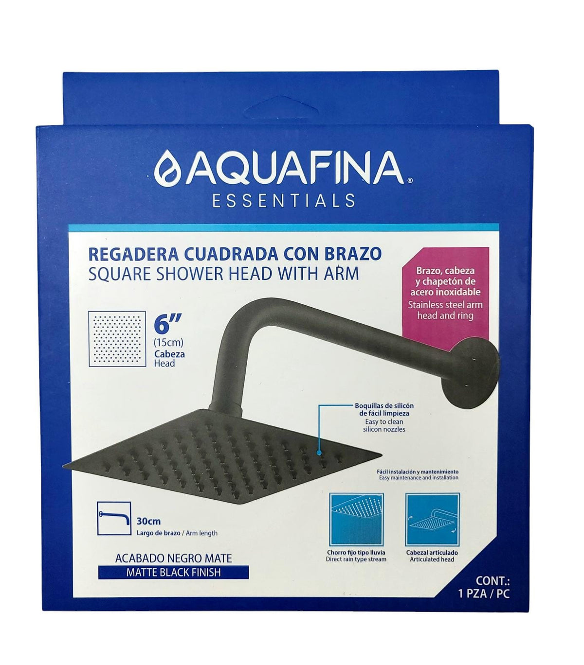 AQUAFINA BLUE Shower Head Aquafina Square 6" Black A-SHS6-3