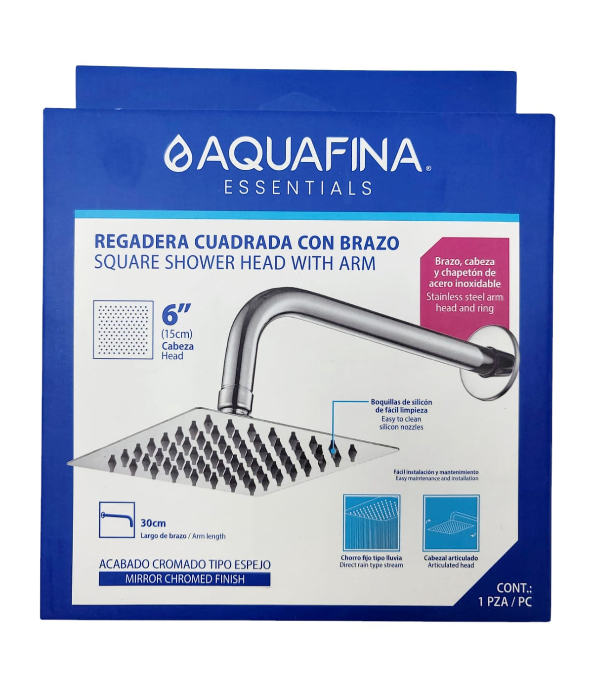 AQUAFINA BLUE Shower Head Aquafina Square 6" Chrome A-SHS6-1