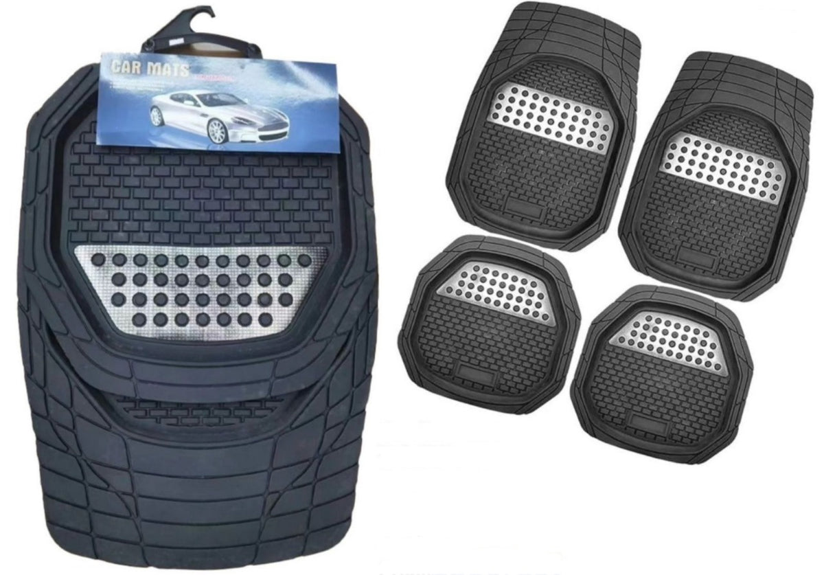 Car Mats Black & Silver 4PCS Rubber YR2104-1077