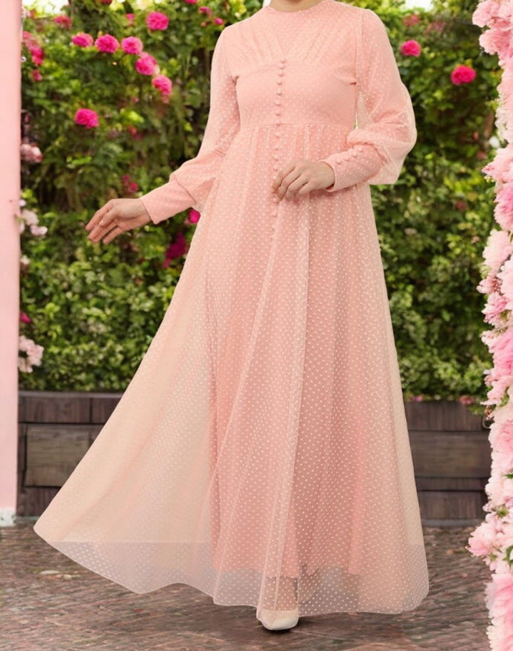 Dress Evening Swiss Dots Tulle Peach Rust