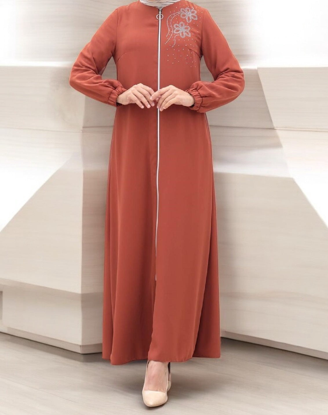 Gown Abaya Rust Zipper Casual