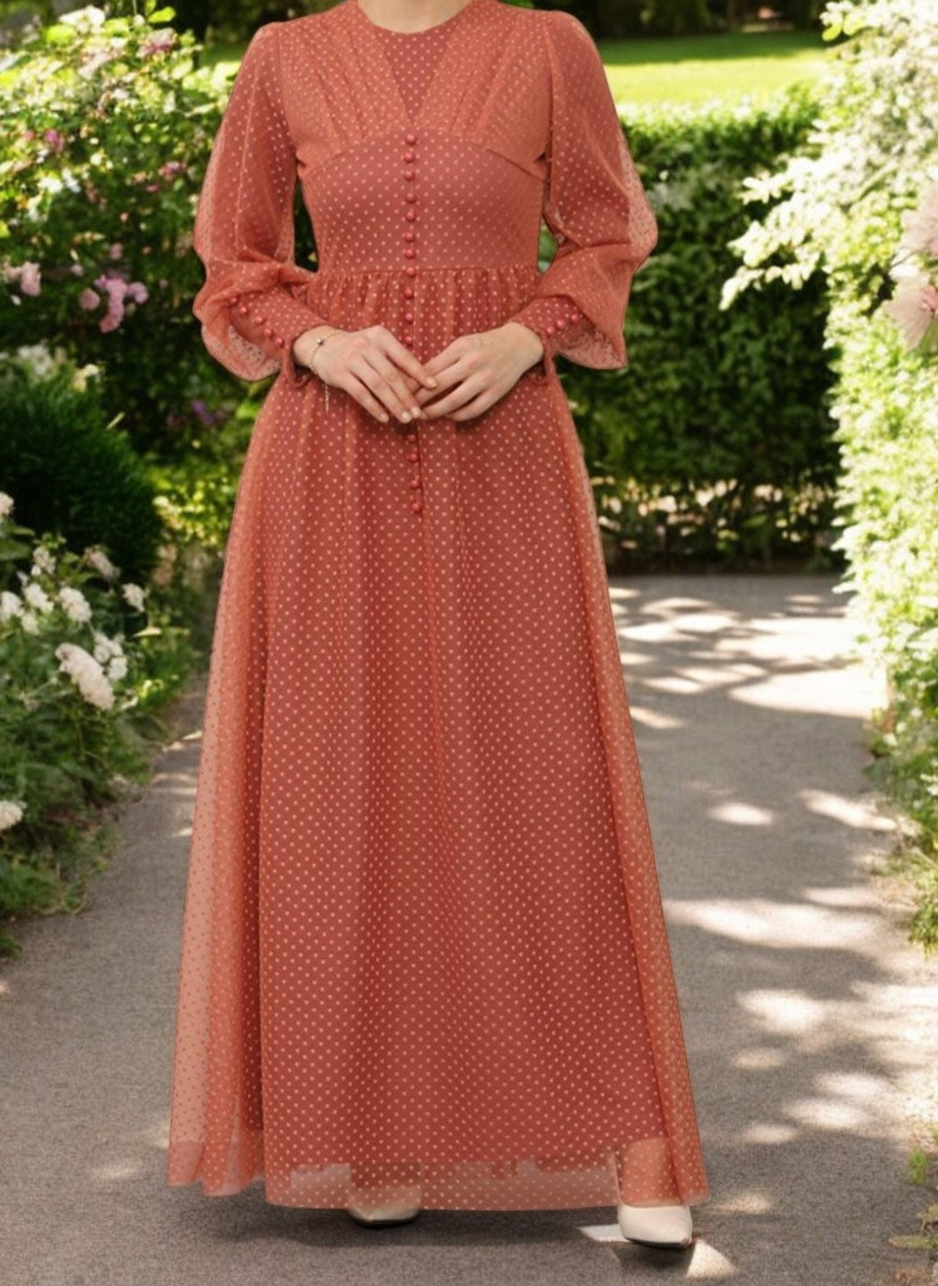 Dress Evening Swiss Dots Tulle Peach Rust