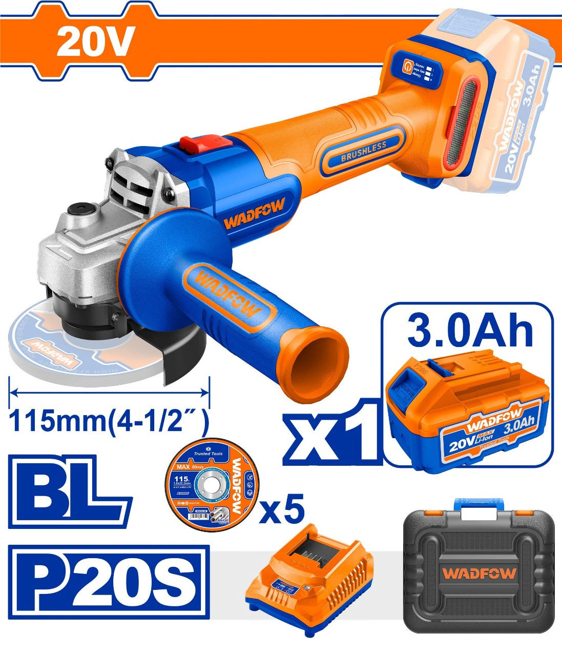WADFOW Angle Grinder UWLAP522 Cordless LITHIUM-ION Battery 20V