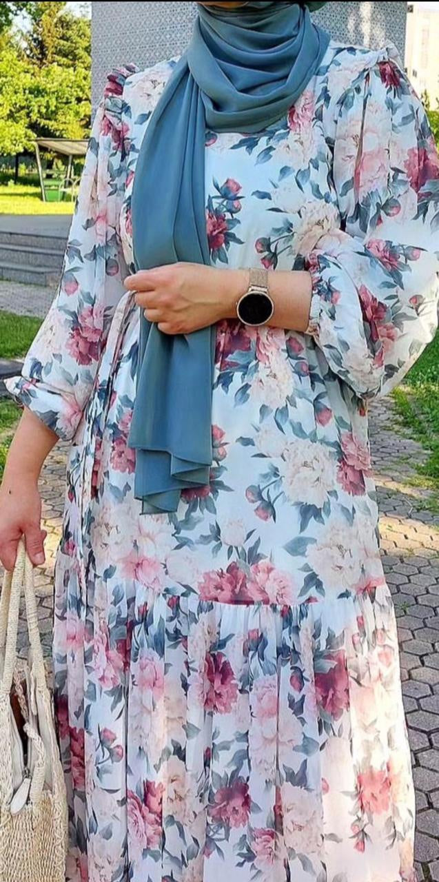 Dress Lined Floral Burgandy /Orange /Green