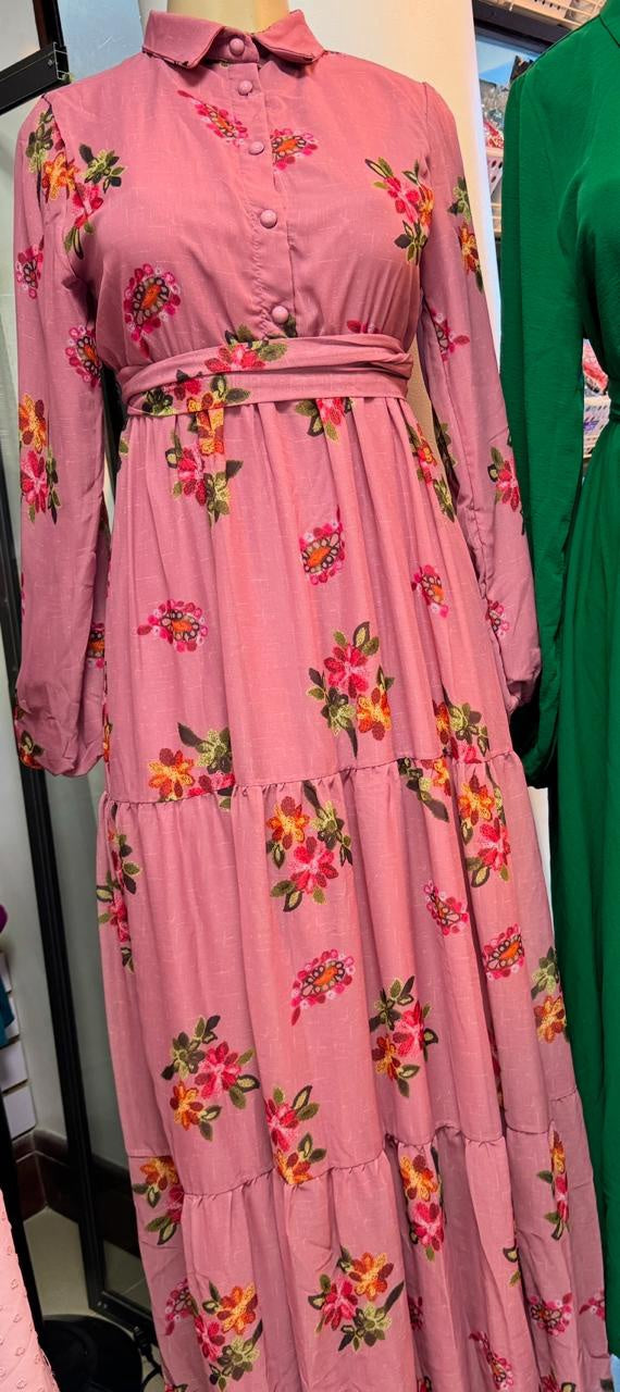 Dress Lined Floral Pink /Black / Green