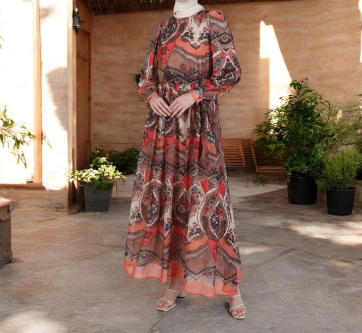 Dress Floral Lined Brown Orange Burgandy