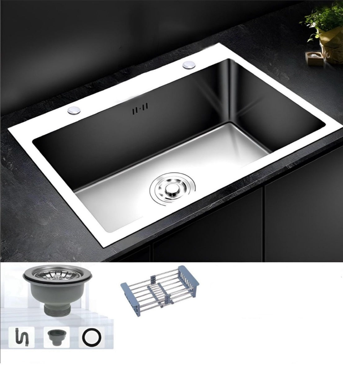 SINK S/BOWL 23.5" X 17.5" X 8" 60X45CM with Draining Rack and Waste SC-4450-Y47