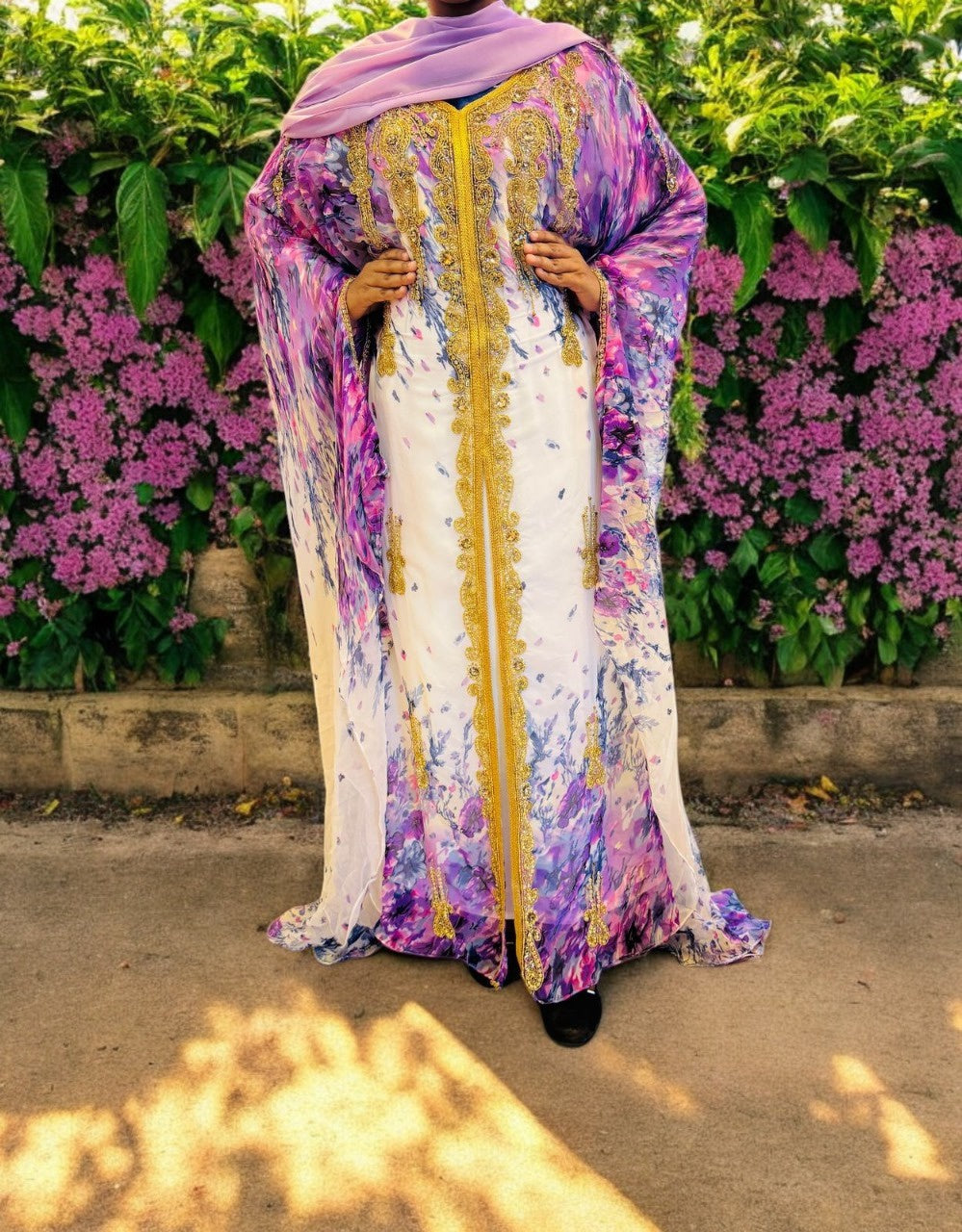 Gown Beaded Kaftan Stonework Printed Purple