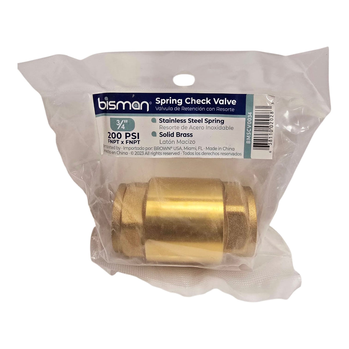 BISMAN Check Valve 3/4" Brass Spring Loaded BMSCV0034