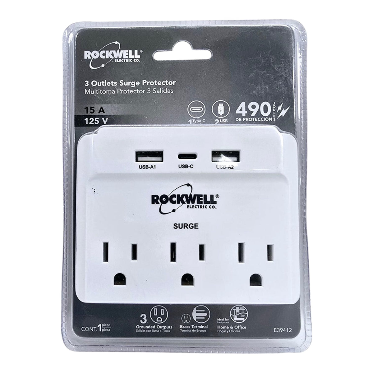 ROCKWELL Surge Protecter 3 Outlet + USB/TYPEC E39412 15A
