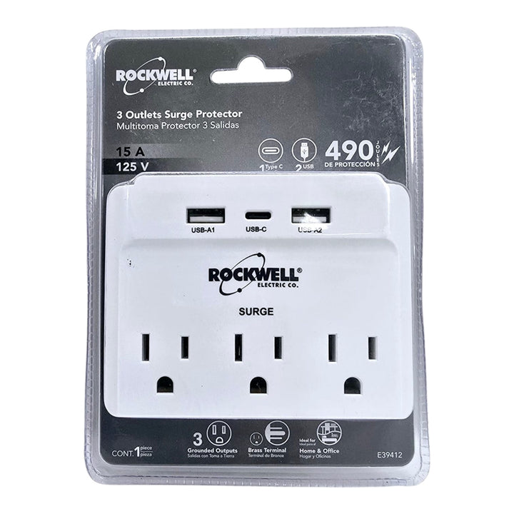 ROCKWELL Surge Protecter 3 Outlet + USB/TYPEC E39412 15A