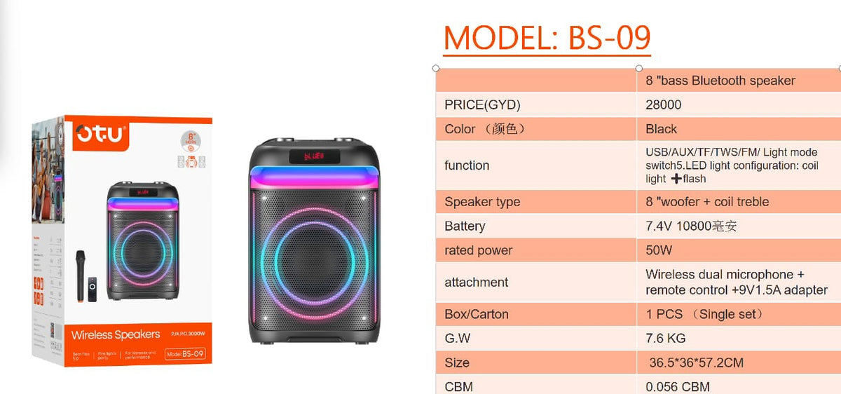 OTU Music Box Bluetooth BS09 8" Bt Wireless Speaker Portable