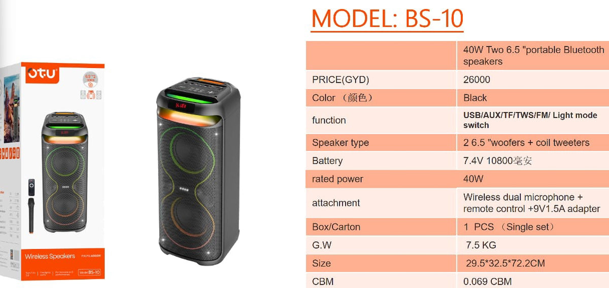 OTU Music Box Bluetooth BS10 6.5" Dual Bt Wireless Speaker Portable