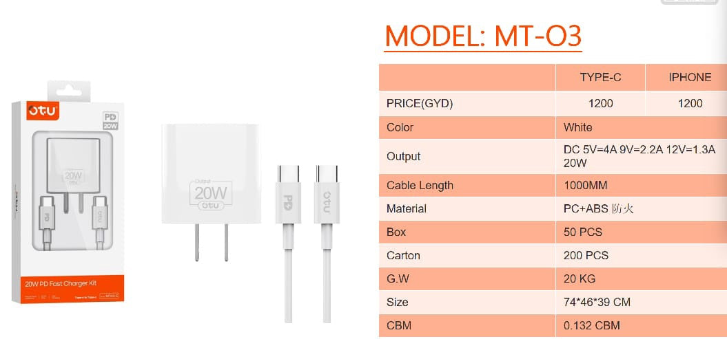 OTU Charger Cable USB MT03-C TYPE-C Pd 20W + QC3.0 5V 3A Fast Charger