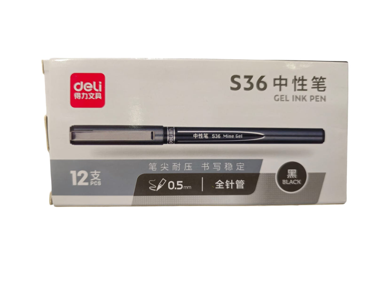 DELI Stationery Pen S36 Roller 0.5MM Gel Black 12PCS Box