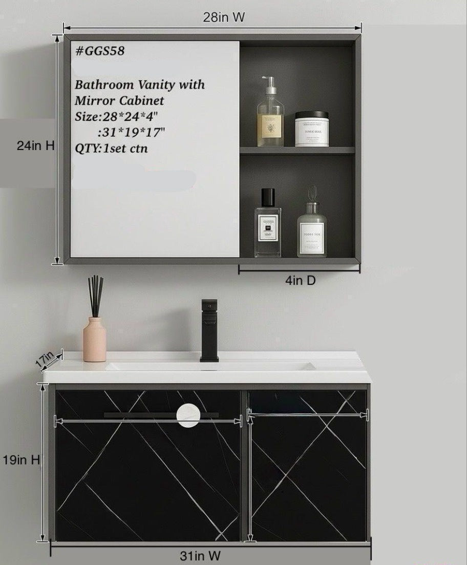 Bathroom Cabinet Wall Hung with Mirror Black GGS58 31"X19"X17"
