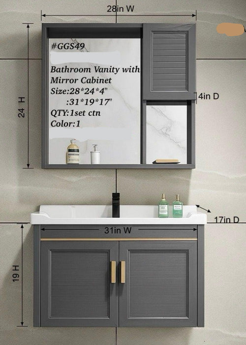 Bathroom Cabinet Wall Hung with Mirror Grey GGS49 31"X19"X17"