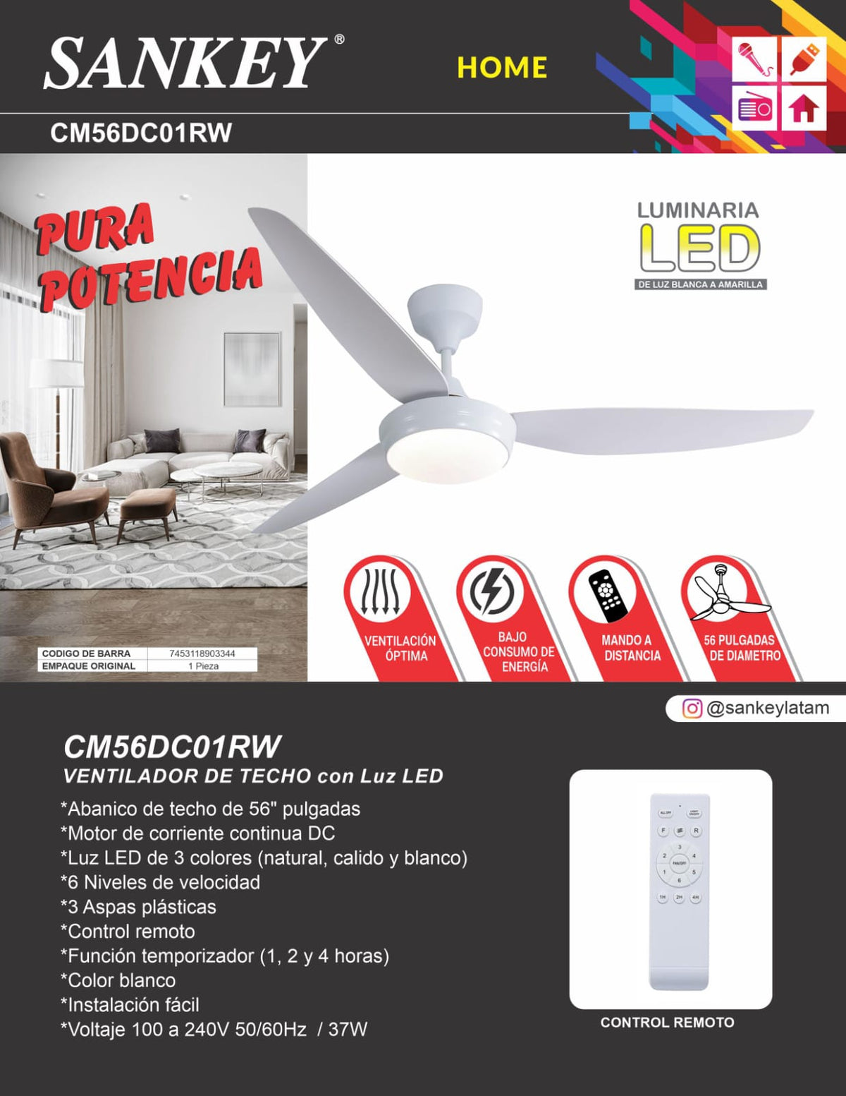 SANKEY Fan Ceiling 56" CM56DC01RW 110V / 220V with Light