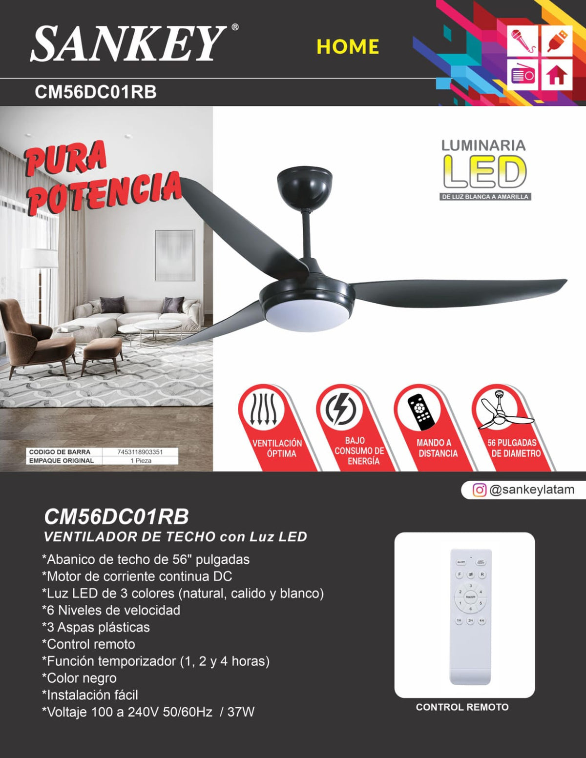 SANKEY Fan Ceiling 56" CM56DC01RB 110V / 220V with Light