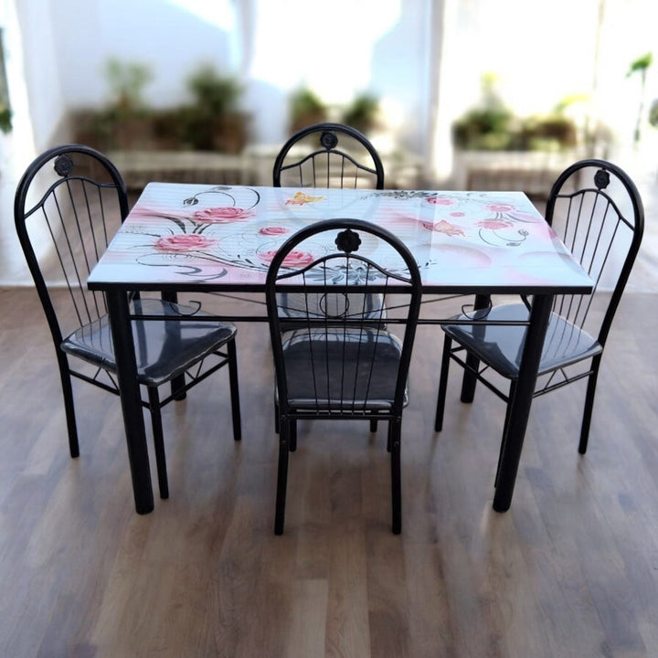 Glass Dining Table A31-M49-4 with 4 Chair Set Pink & Black Flowers