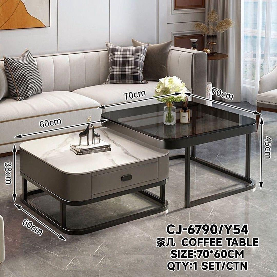 Glass Table CJ-6790-Y45 Black and Grey 2PCS Set Coffee Table Square 60CM + 70CM