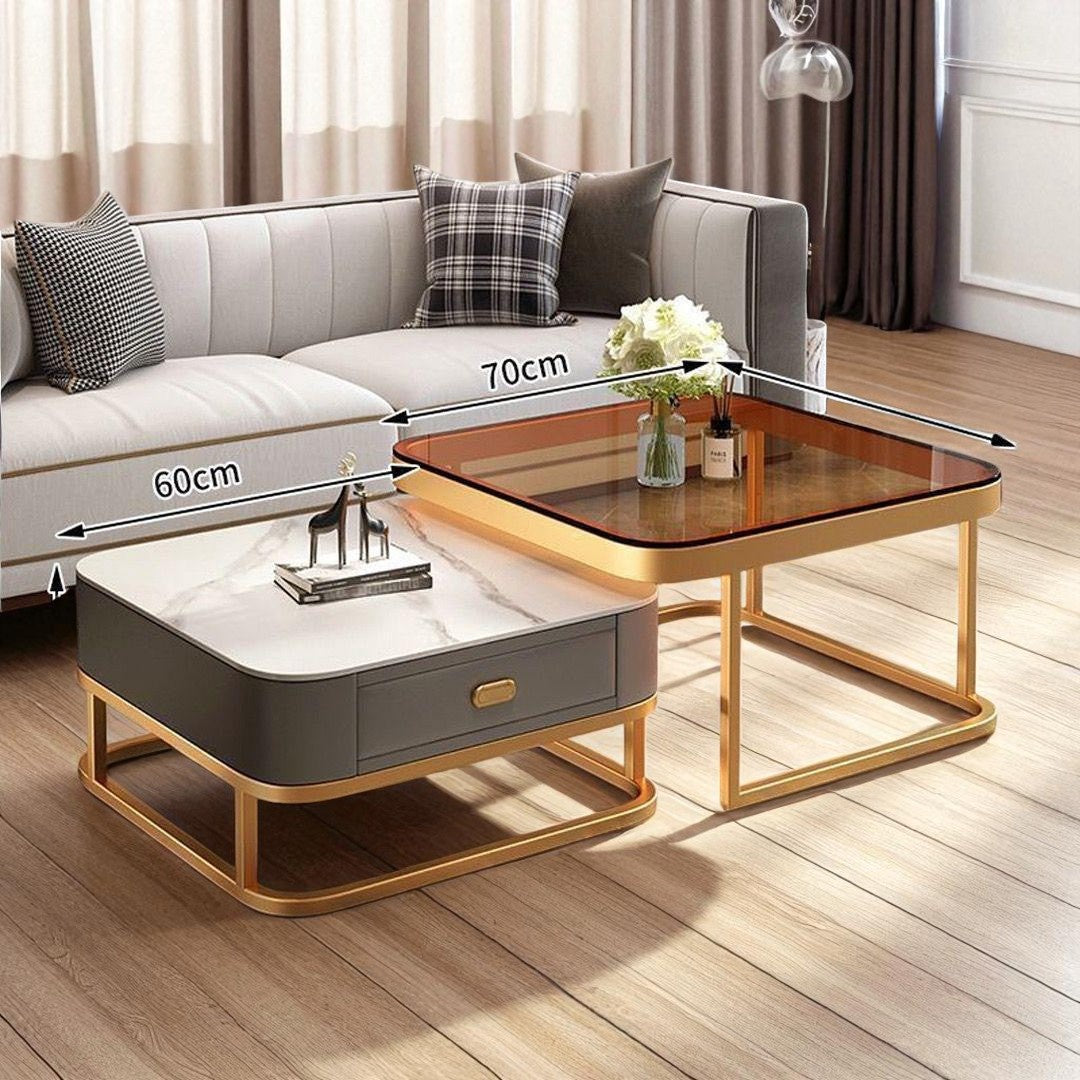 Glass Table CJ-6788-Y45 Gold and Grey 2PCS Set Coffee Table Square 60CM + 70CM