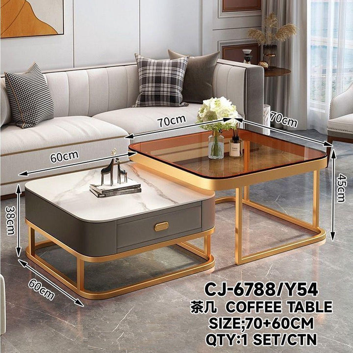 Glass Table CJ-6788-Y45 Gold and Grey 2PCS Set Coffee Table Square 60CM + 70CM