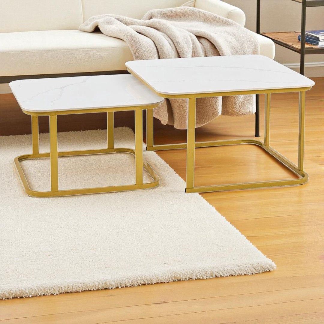 Table Metal CT-34-3 Gold and White Ceramic 2PCS Set Coffee Table Square 60CM + 70CM