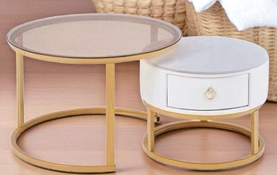 Glass Table CJ-2782-Y45 Gold and White 2PCS Set Coffee Table Round 50CM + 70CM