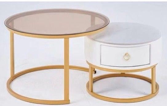 Glass Table CJ-2782-Y45 Gold and White 2PCS Set Coffee Table Round 50CM + 70CM